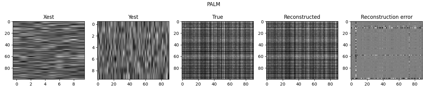 PALM, Xest, Yest, True, Reconstructed, Reconstruction error